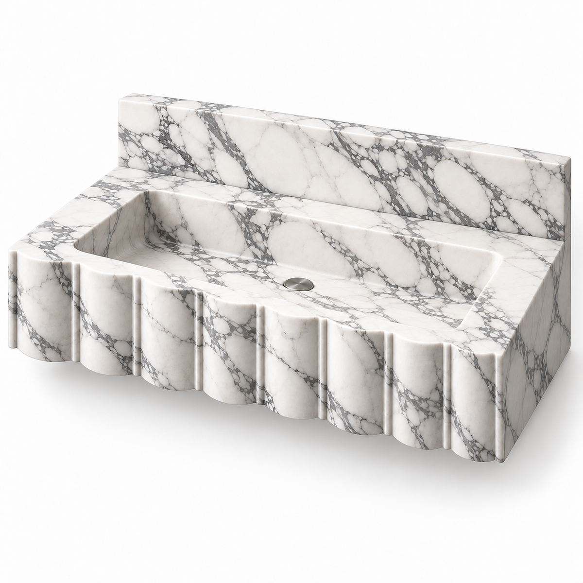 Scallop Arabescato Broad-Fluted Floating Marble Sink, three-quarter view on white, design rendering
