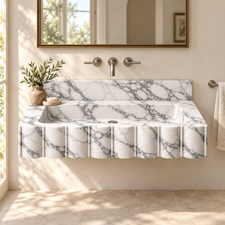 Scallop Arabescato Broad-Fluted Floating Marble Sink, styled bathroom view, design rendering