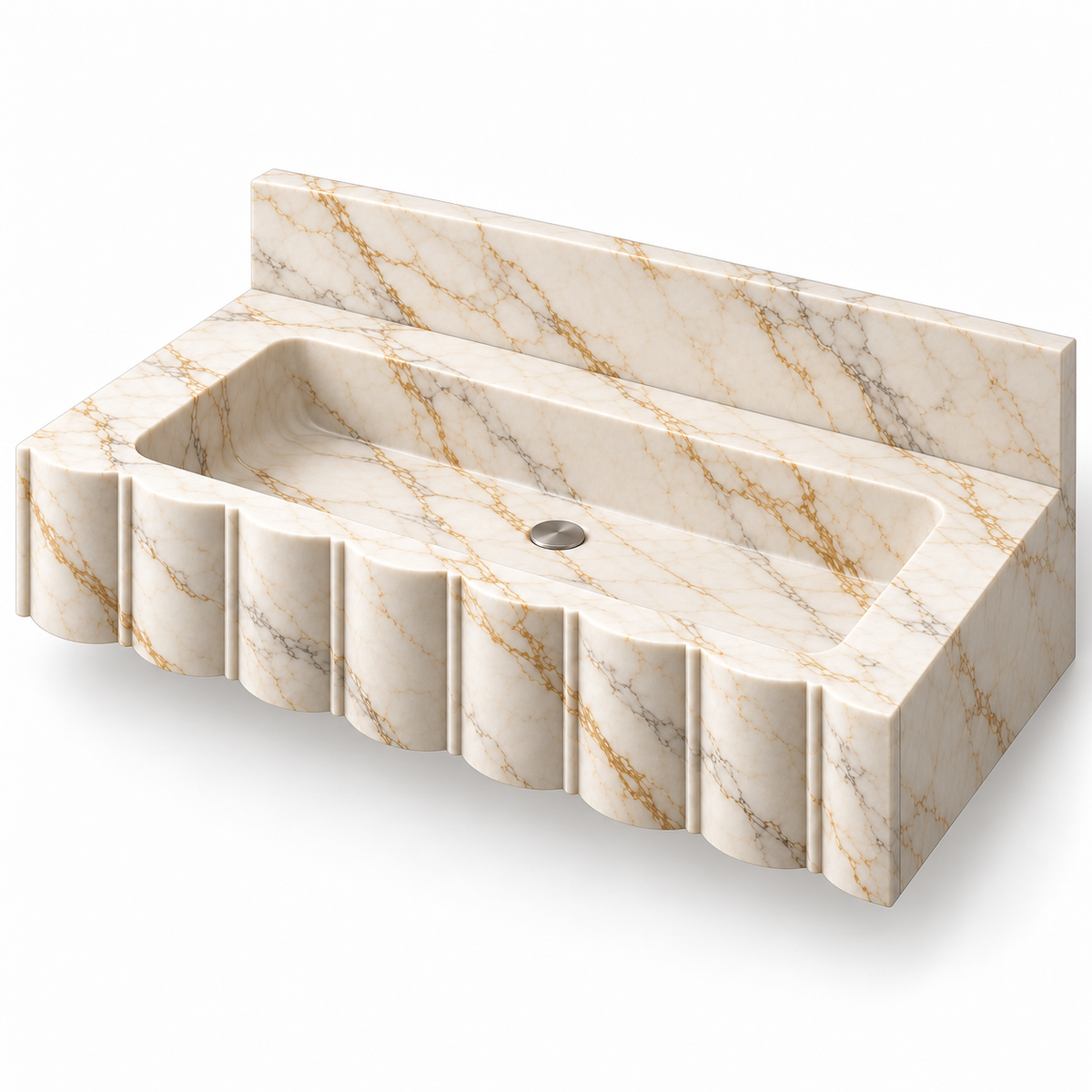 Scallop Calacatta Gold Broad-Fluted Floating Marble Sink, three-quarter view on white, design rendering