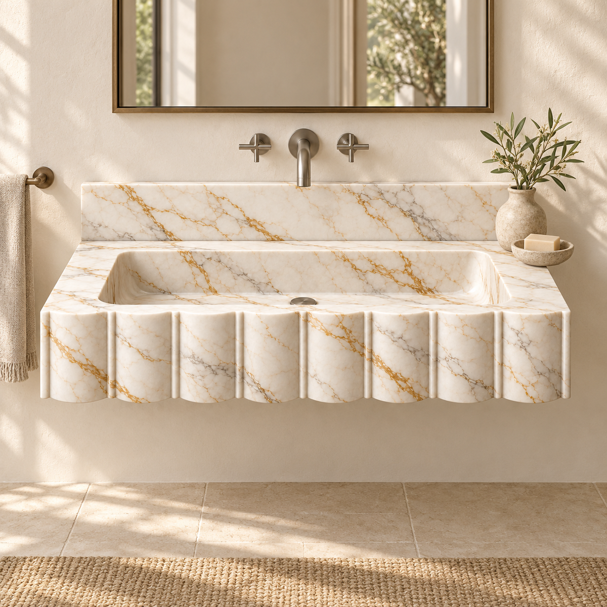 Scallop Calacatta Gold Broad-Fluted Floating Marble Sink, styled bathroom view, design rendering