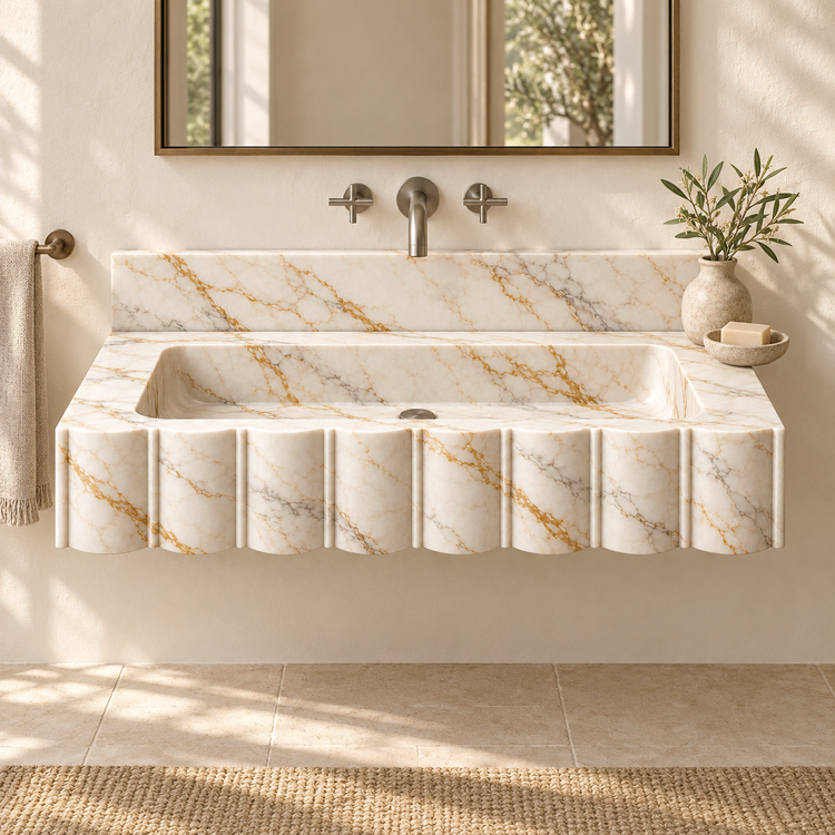 Scallop Calacatta Gold Broad-Fluted Floating Marble Sink, styled bathroom view, design rendering