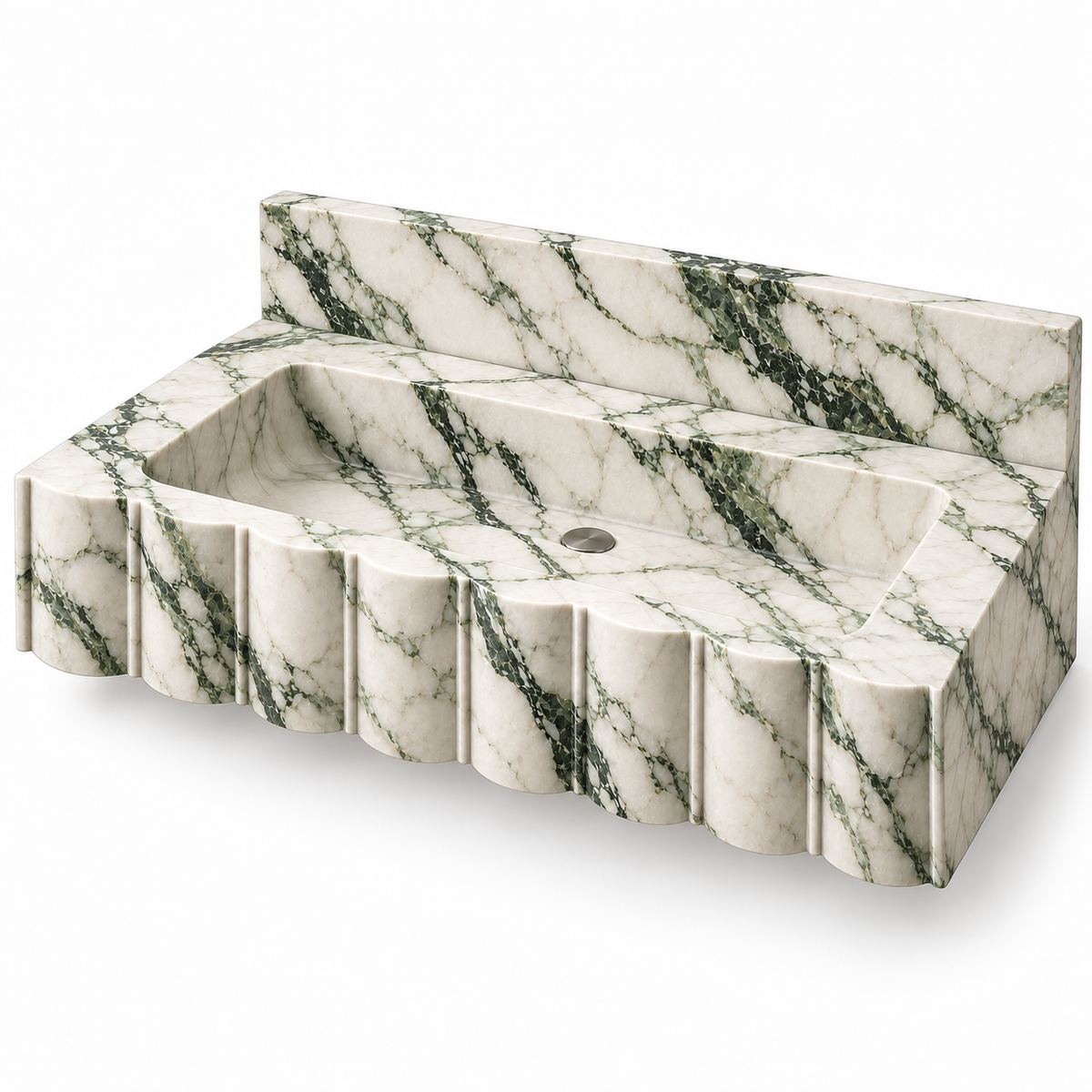 Scallop Calacatta Green Broad-Fluted Floating Marble Sink, three-quarter view on white, design rendering