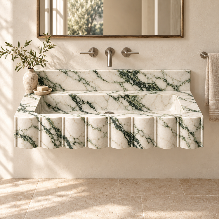 Scallop Calacatta Green Broad-Fluted Floating Marble Sink, styled bathroom view, design rendering
