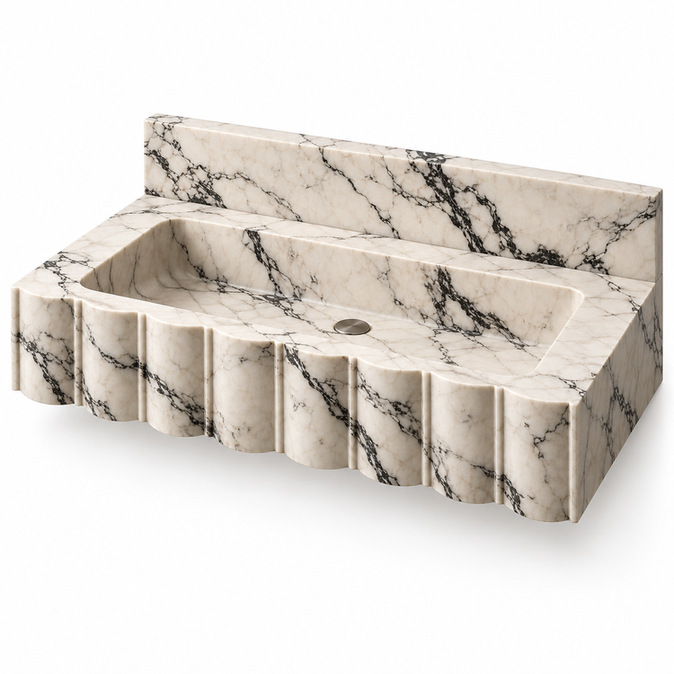 Scallop Calacatta Viola Broad-Fluted Floating Marble Sink, three-quarter view on white, design rendering