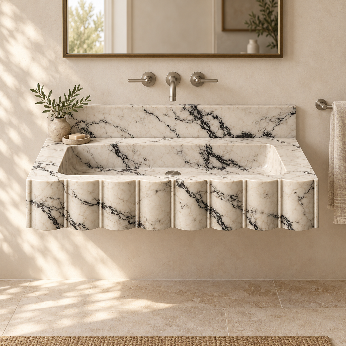 Scallop Calacatta Viola Broad-Fluted Floating Marble Sink, styled bathroom view, design rendering