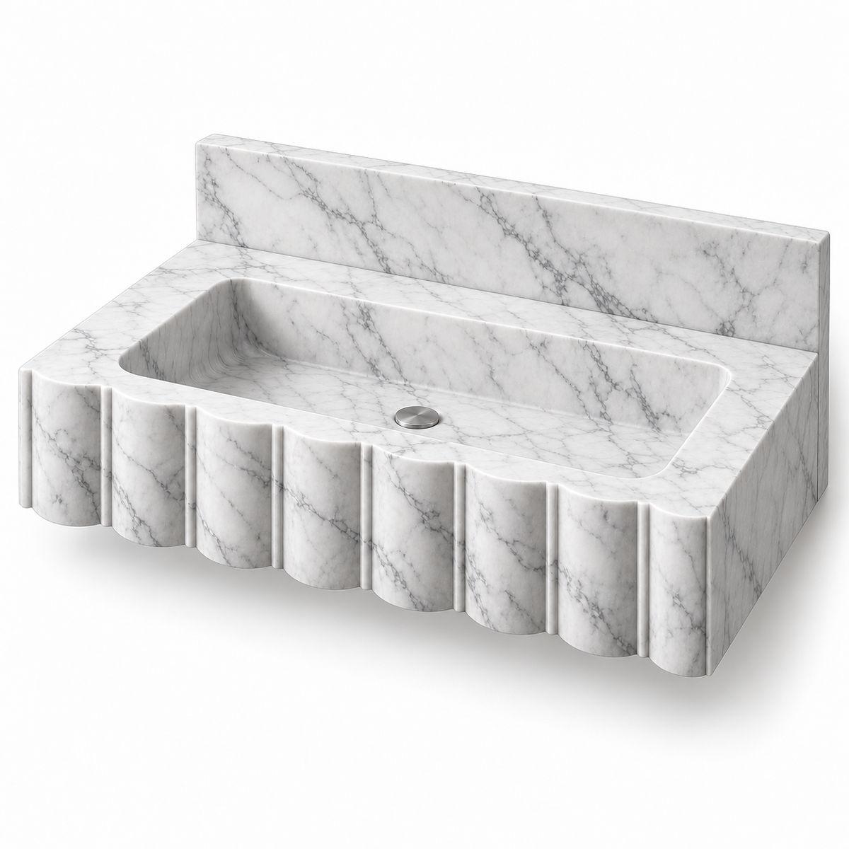 Scallop Carrara Broad-Fluted Floating Marble Sink, three-quarter view on white, design rendering