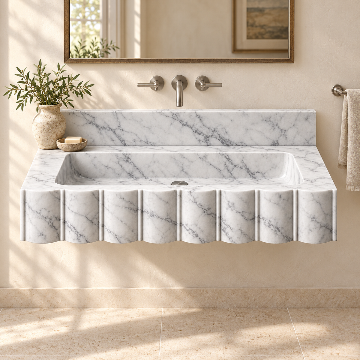 Scallop Carrara Broad-Fluted Floating Marble Sink, styled bathroom view, design rendering
