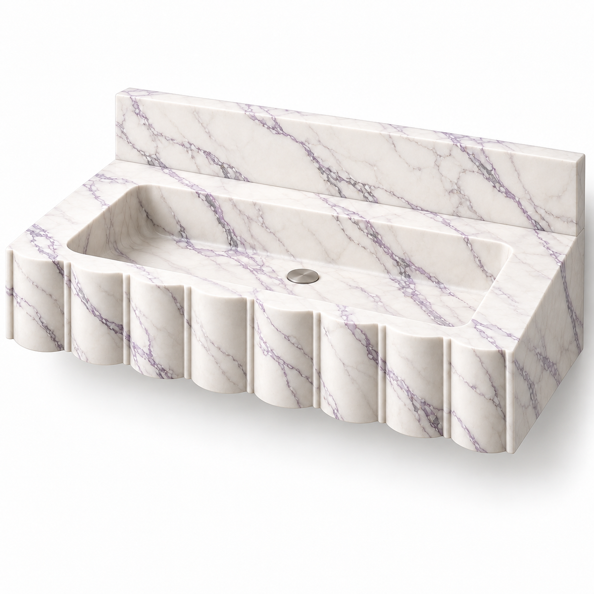 Scallop Lilac Broad-Fluted Floating Marble Sink, three-quarter view on white, design rendering