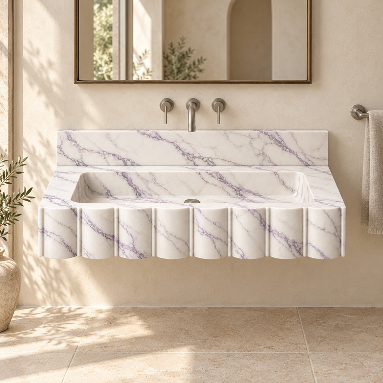 Scallop Lilac Broad-Fluted Floating Marble Sink, styled bathroom view, design rendering
