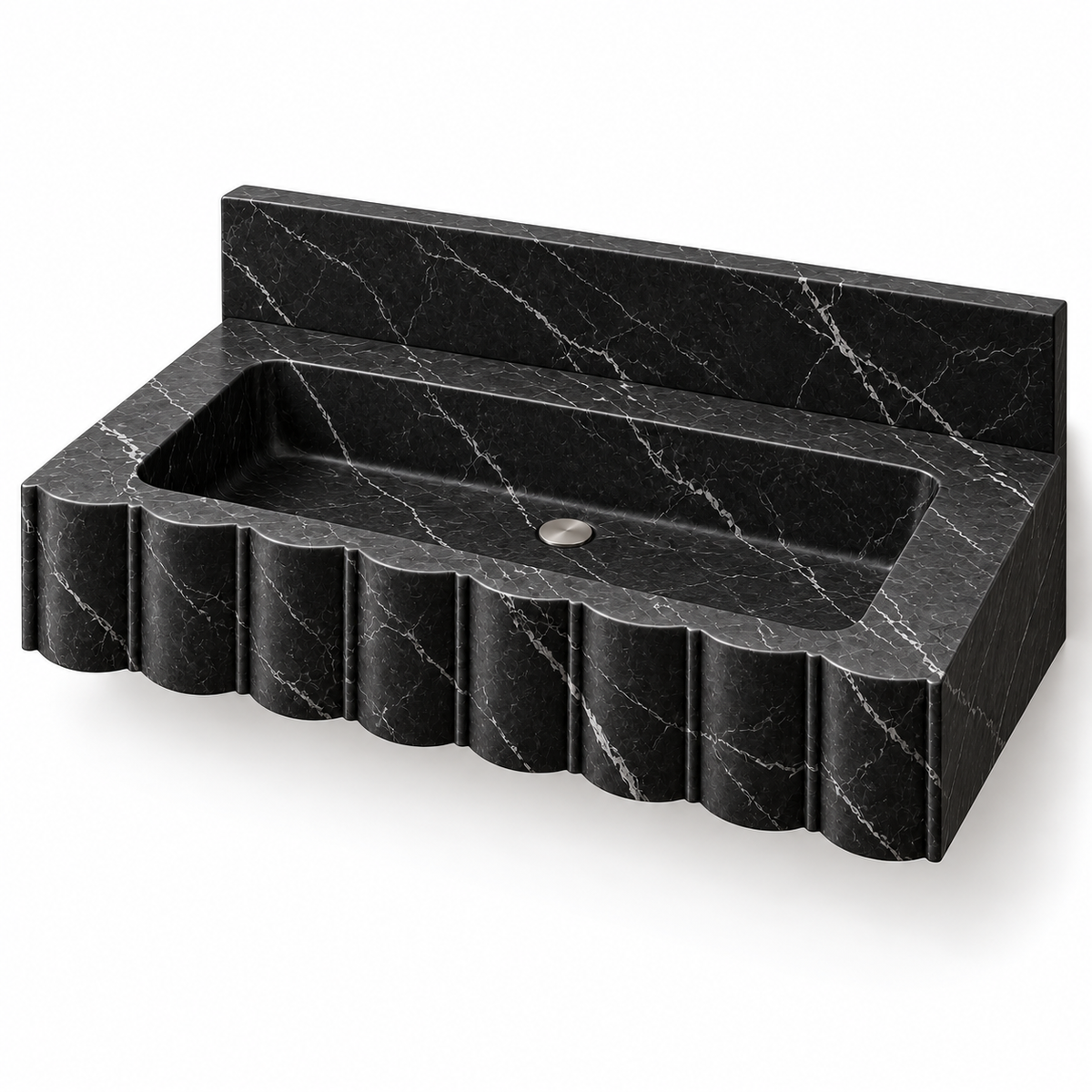 Scallop Nero Marquina Broad-Fluted Floating Marble Sink, three-quarter view on white, design rendering