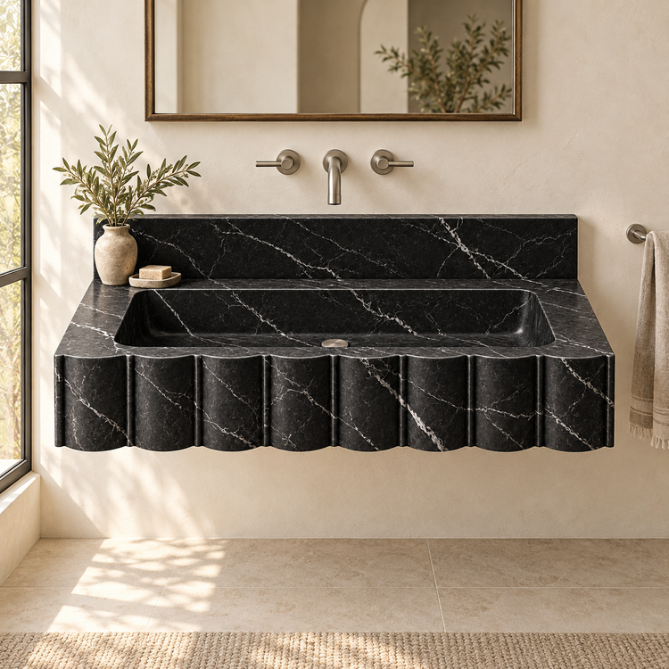 Scallop Nero Marquina Broad-Fluted Floating Marble Sink, styled bathroom view, design rendering