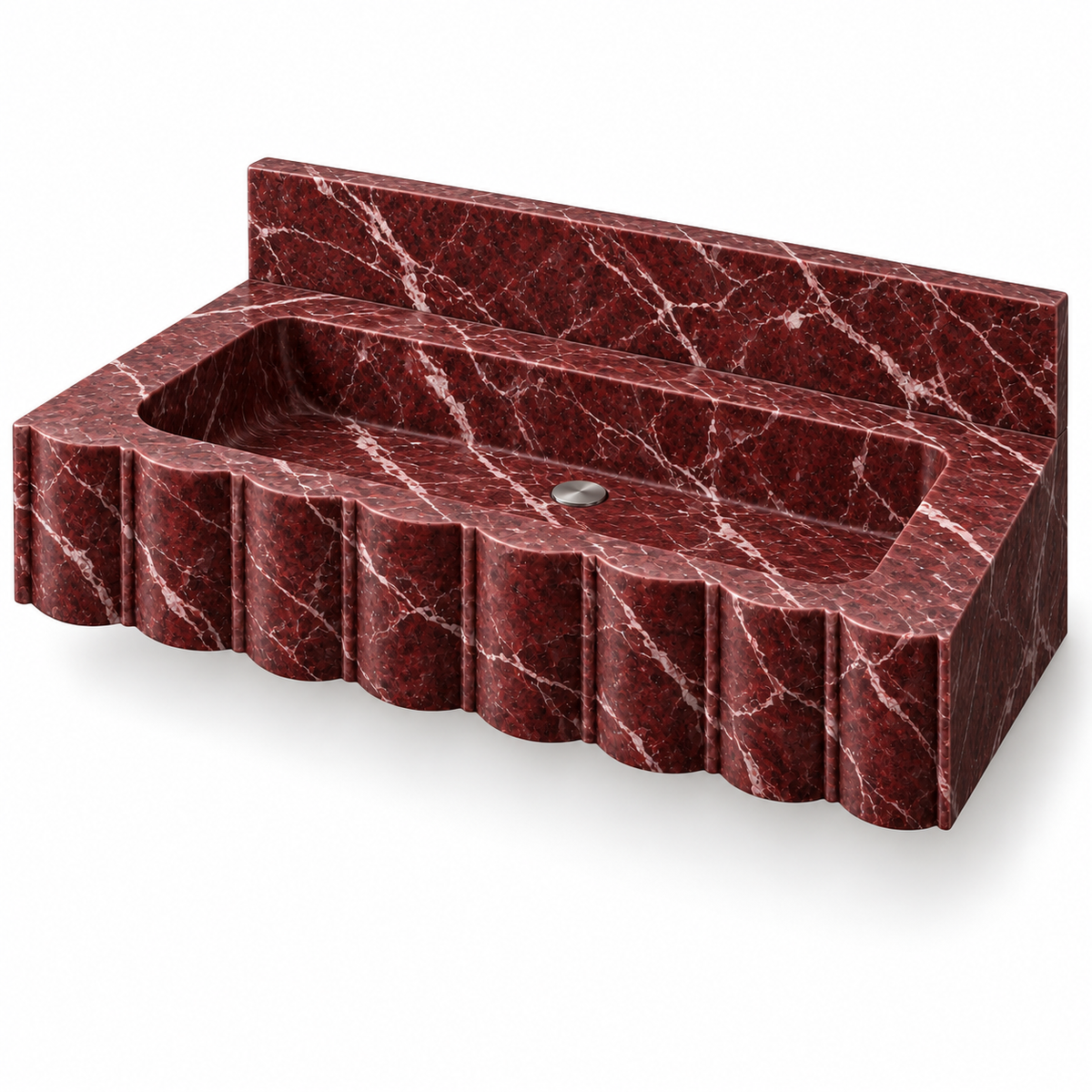 Scallop Rosso Levanto Broad-Fluted Floating Marble Sink, three-quarter view on white, design rendering