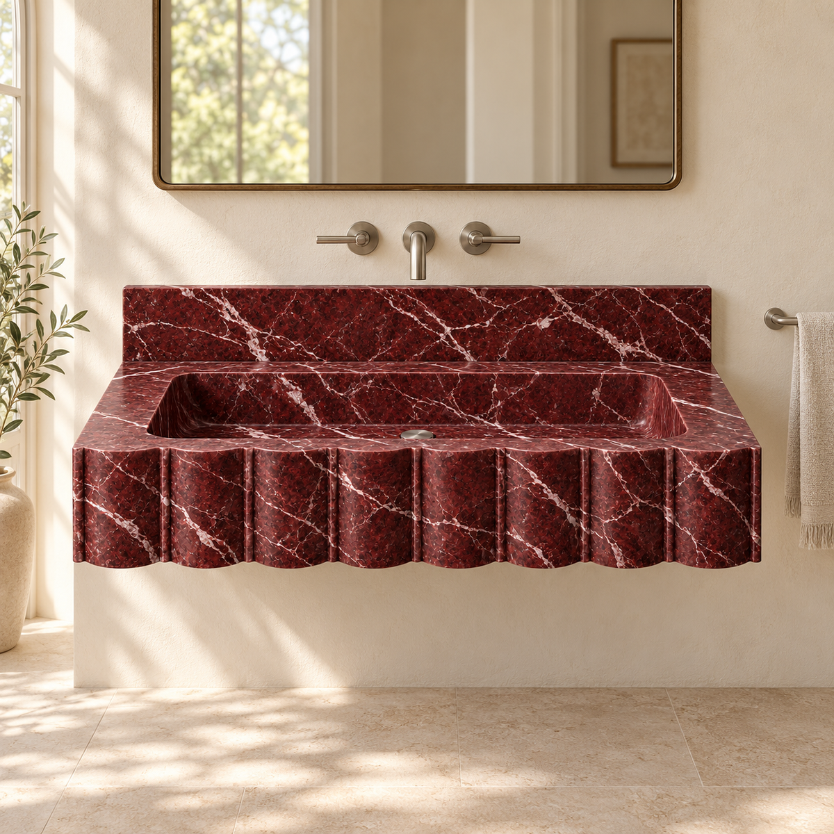 Scallop Rosso Levanto Broad-Fluted Floating Marble Sink, styled bathroom view, design rendering