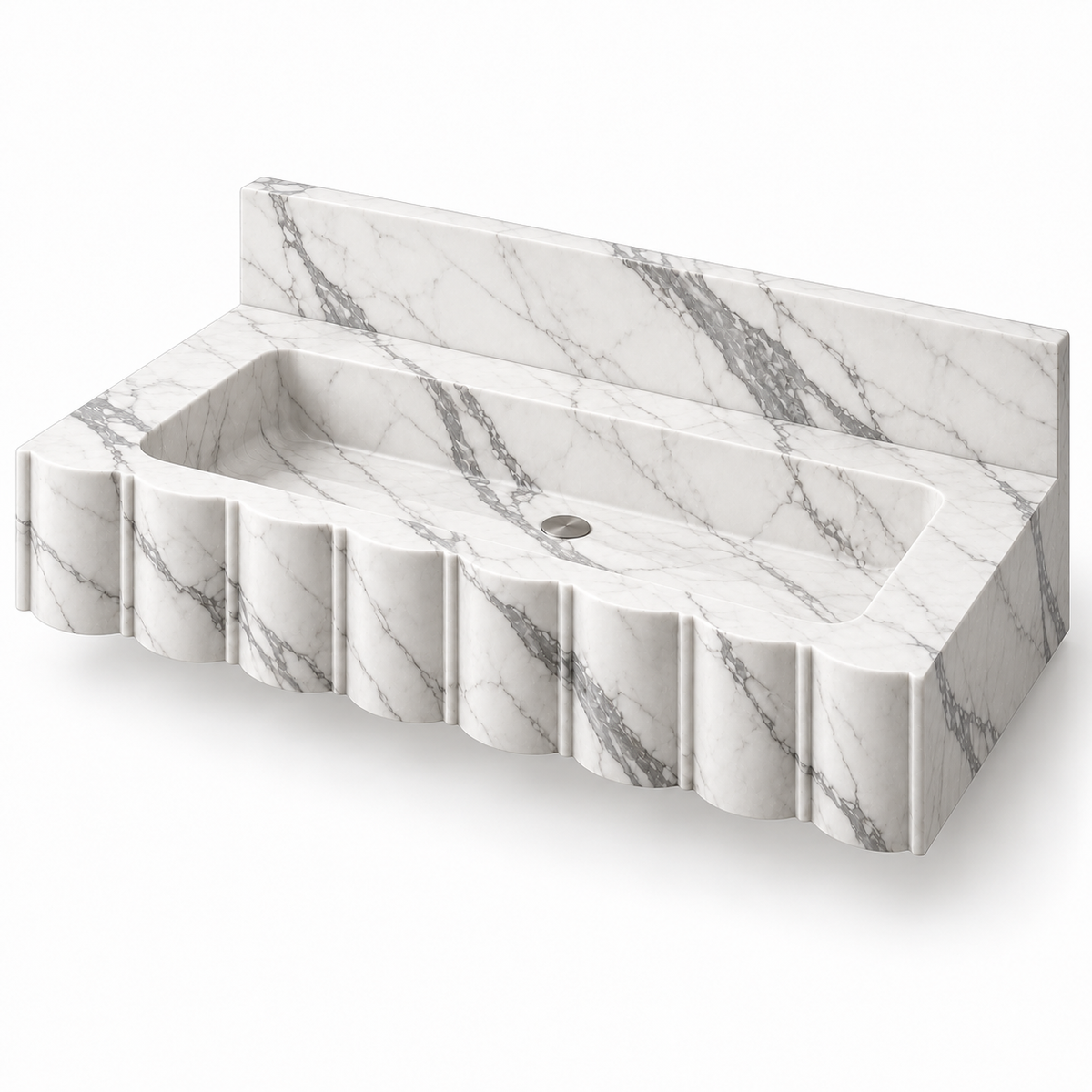 Scallop Statuario Broad-Fluted Floating Marble Sink, three-quarter view on white, design rendering