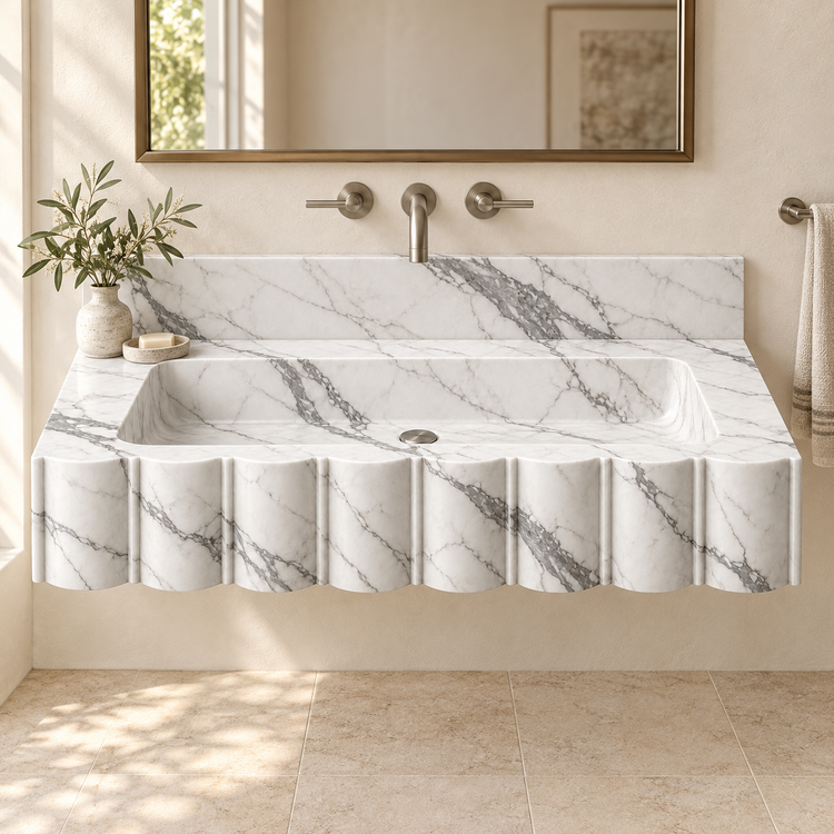 Scallop Statuario Broad-Fluted Floating Marble Sink, styled bathroom view, design rendering