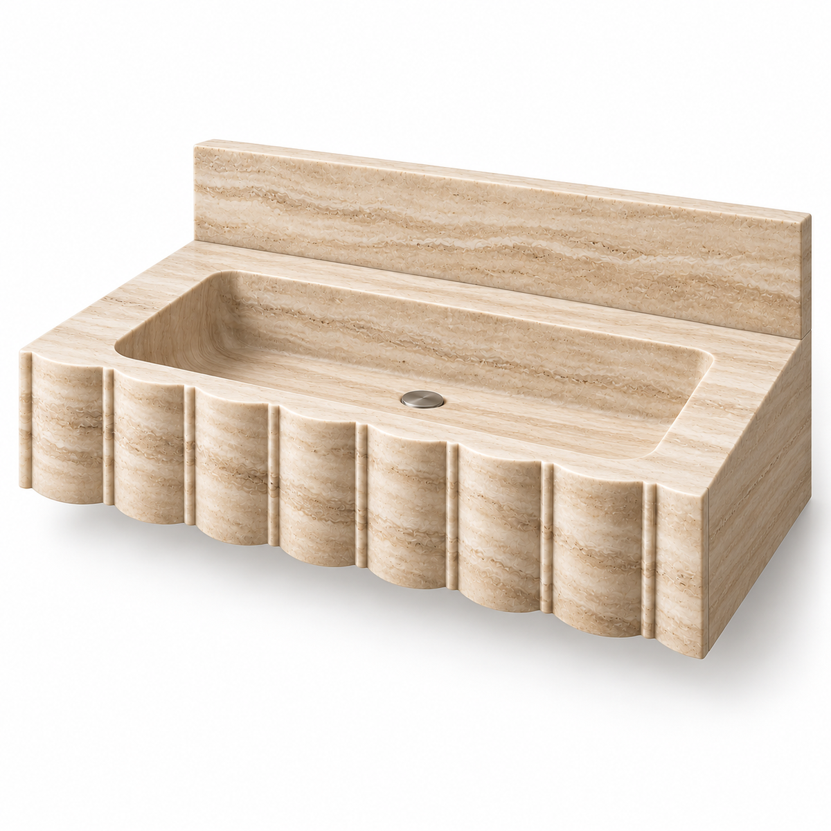 Scallop Travertine Broad-Fluted Floating Stone Sink, three-quarter view on white, design rendering