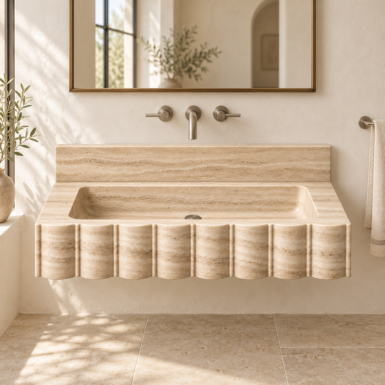 Scallop Travertine Broad-Fluted Floating Stone Sink, styled bathroom view, design rendering