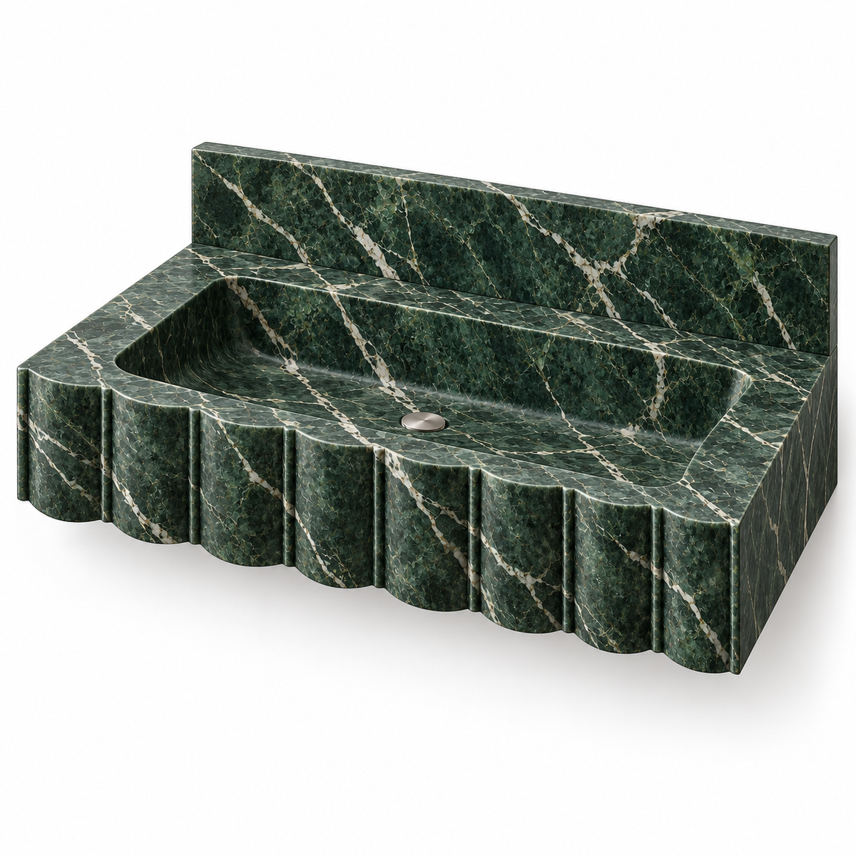 Scallop Verde Alpi Broad-Fluted Floating Marble Sink, three-quarter view on white, design rendering