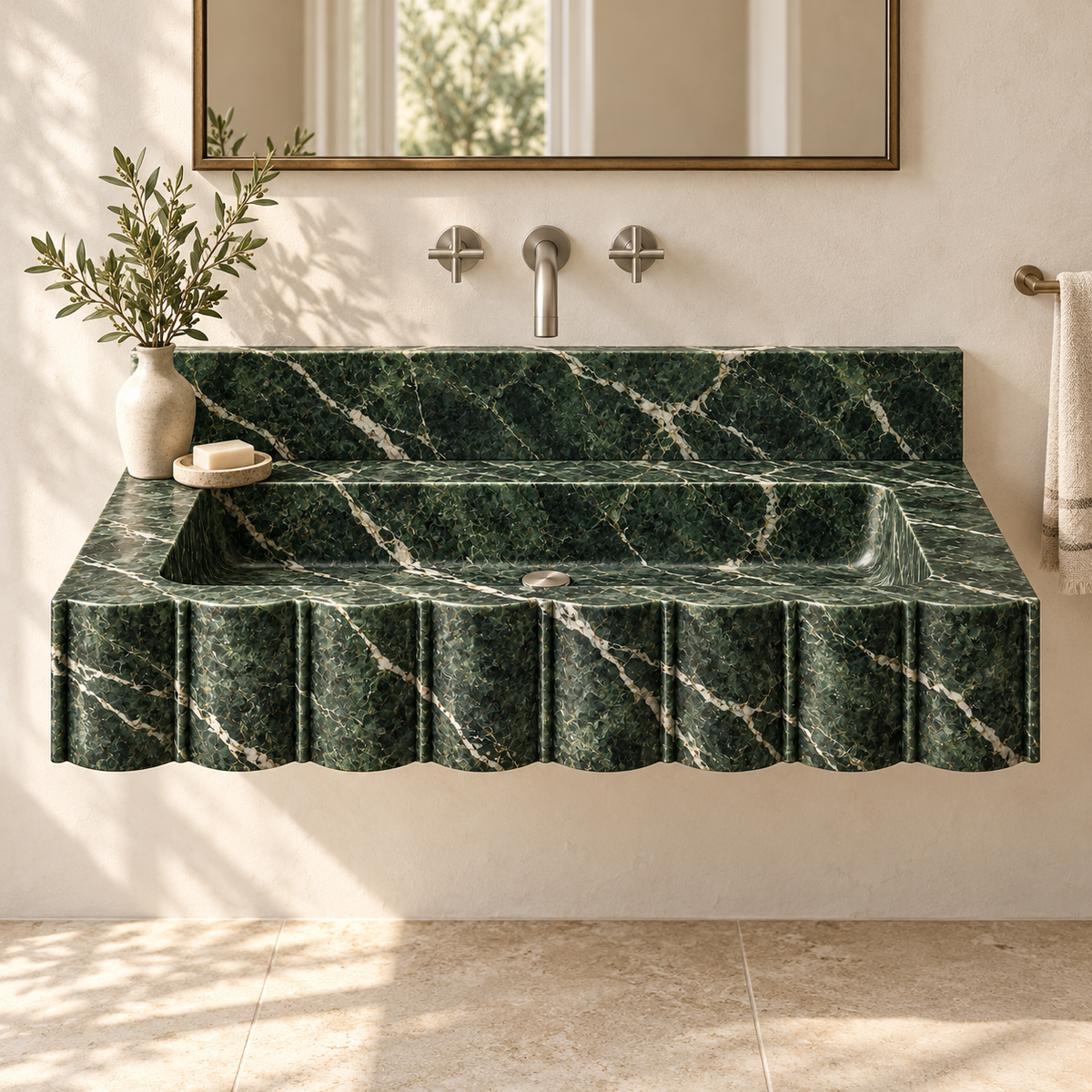 Scallop Verde Alpi Broad-Fluted Floating Marble Sink, styled bathroom view, design rendering