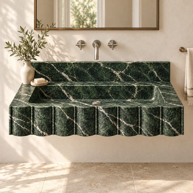 Scallop Verde Alpi Broad-Fluted Floating Marble Sink, styled bathroom view, design rendering