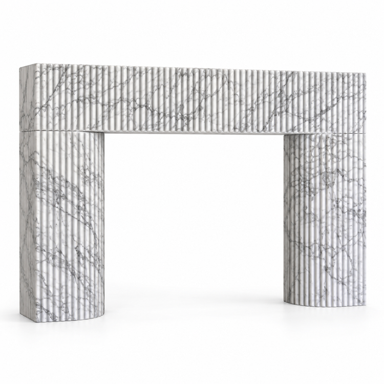 Arabescato Sculptural Reeded Marble Fireplace Surround on white background