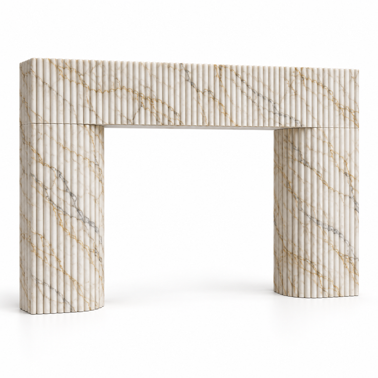 Calacatta Gold Sculptural Reeded Marble Fireplace Surround on white background