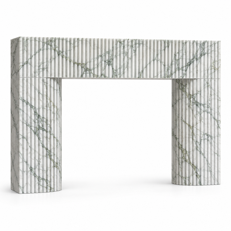 Calacatta Green Sculptural Reeded Marble Fireplace Surround on white background