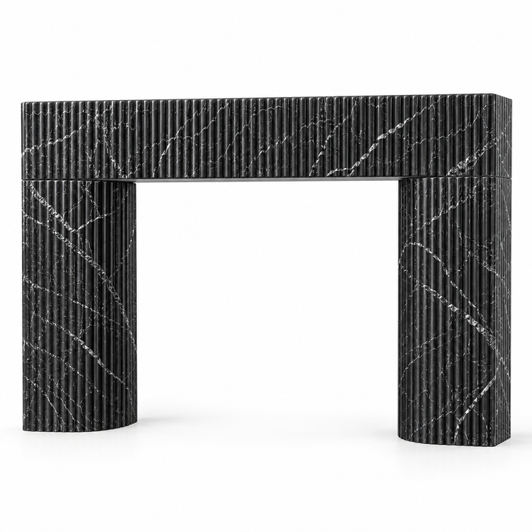 Nero Marquina Sculptural Reeded Marble Fireplace Surround on white background