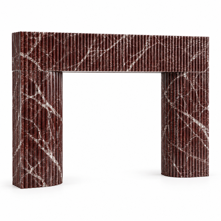 Rosso Levanto Sculptural Reeded Marble Fireplace Surround on white background