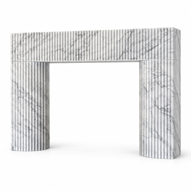 Statuario Sculptural Reeded Marble Fireplace Surround on white background
