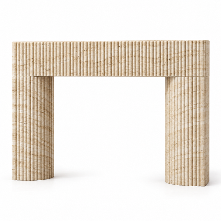 Travertine Sculptural Reeded Marble Fireplace Surround on white background