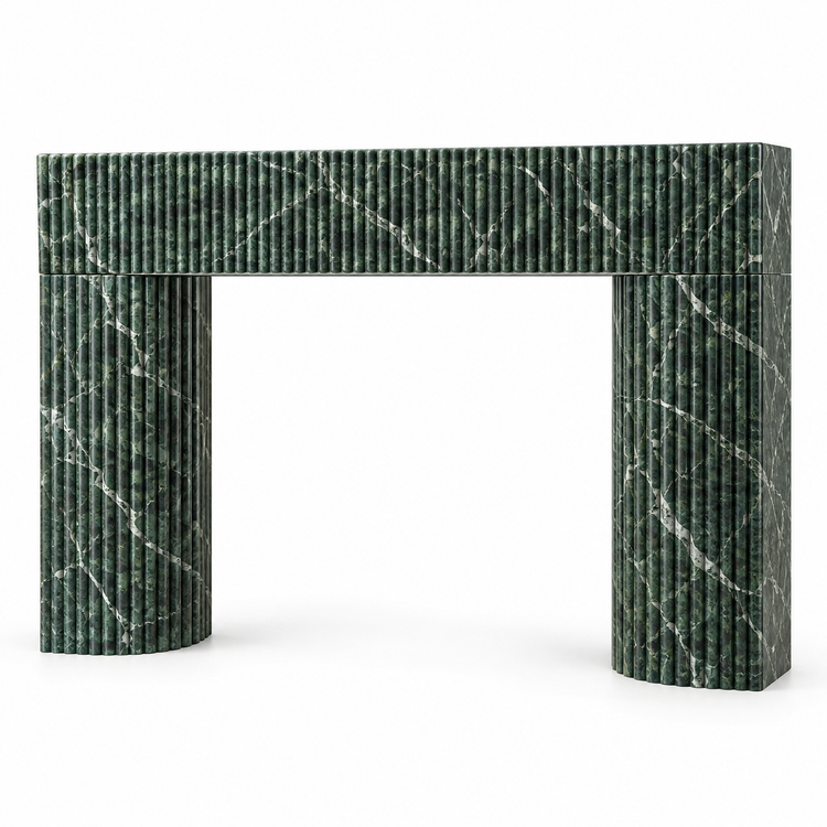Verde Alpi Sculptural Reeded Marble Fireplace Surround on white background