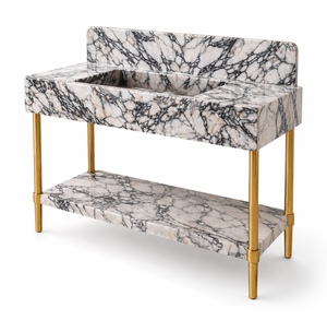 Handmade Calacatta Viola Marble Sink Vanity with Brass Legs and Shelf
