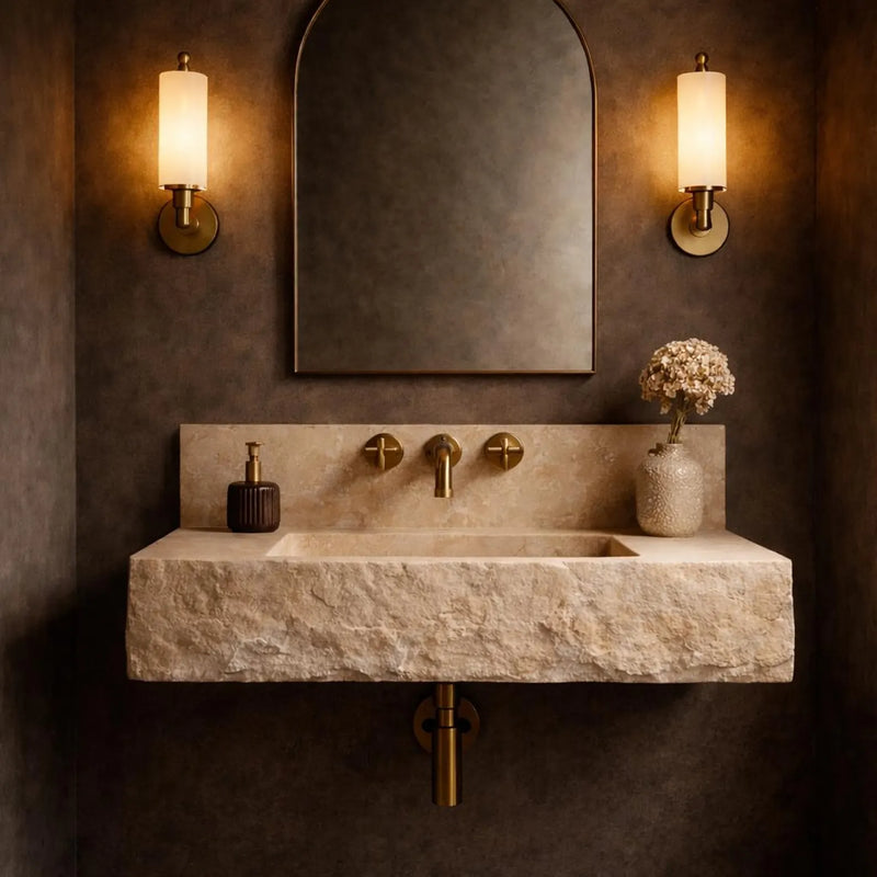 Floating Travertine Stone Sink with Backsplash | Custom Wall Mounted Vanity