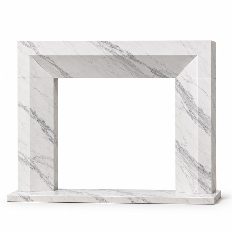 Statuario Chamfered Frame Marble Fireplace Surround with Hearth on white background