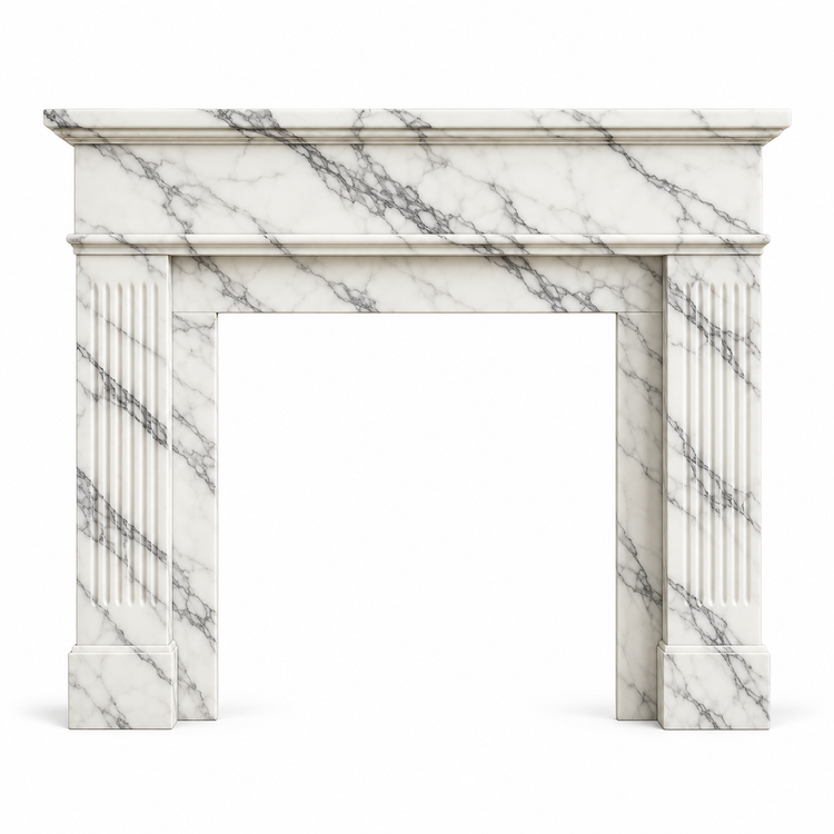 Statuario Classic Fluted Marble Fireplace Mantel on white background