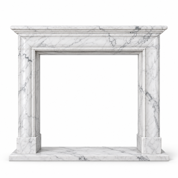 Statuario Classic Shelf Bolection Marble Fireplace Mantel with Hearth on white background