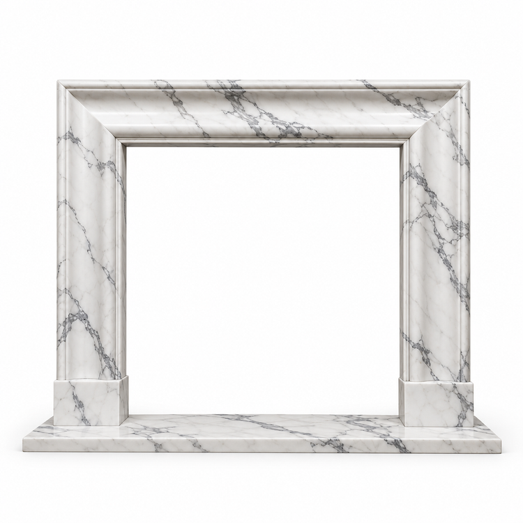 Statuario Coved Frame Marble Fireplace Mantel with Hearth on white background