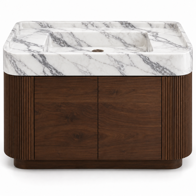 Statuario integrated sink with curved dark walnut vanity and fluted sides, front view