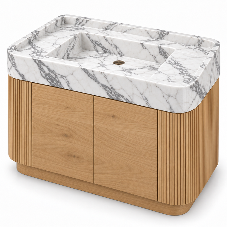Statuario curved oak vanity, alternate angle, design rendering