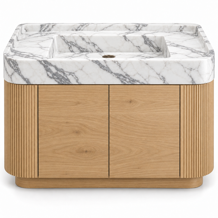 Statuario integrated sink with curved natural oak vanity and fluted sides, front view