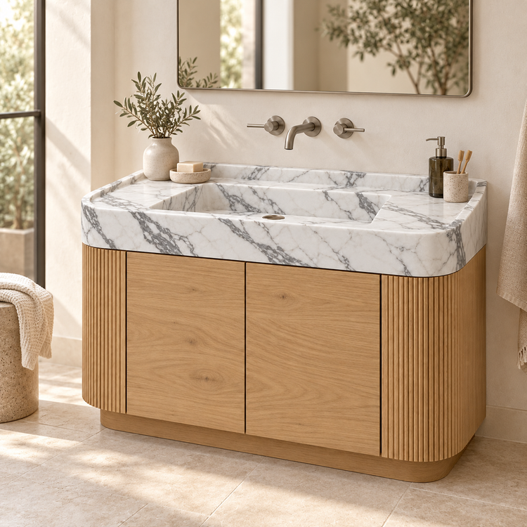 Statuario curved oak vanity in styled bathroom, design rendering