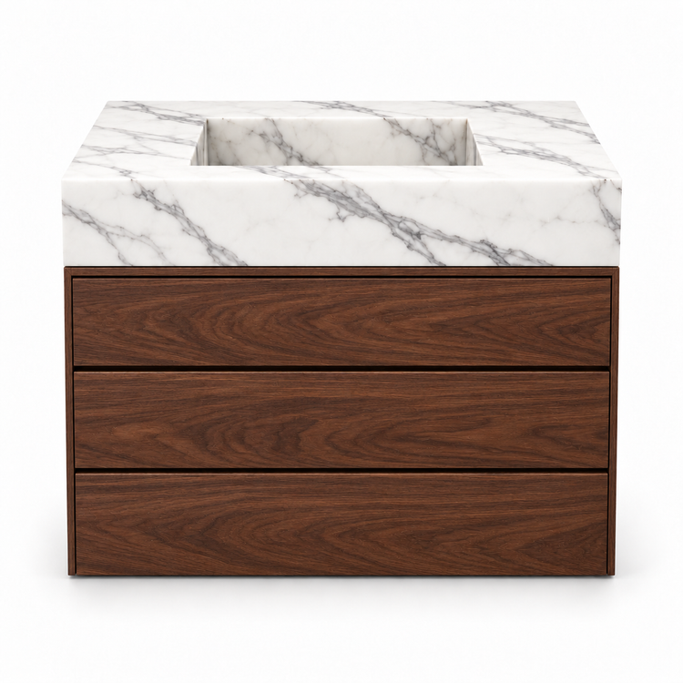 Statuario integrated stone sink with dark walnut three-drawer vanity, front view