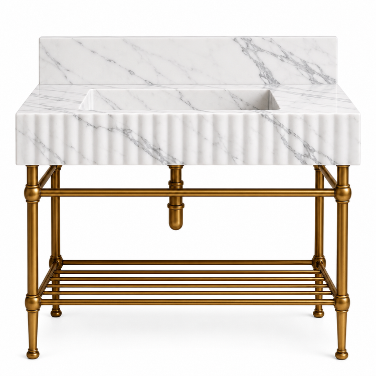 Statuario fluted console sink, backsplash and brass rack shelf, front view