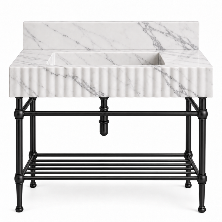 Statuario fluted sink with matte black console legs and lower shelf, front view