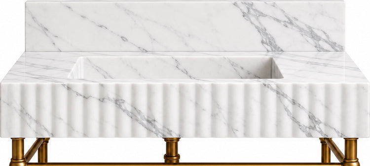 Statuario Marble Fluted Console Sink with Backsplash and Metal Legs and Rack Shelf - basin and stone apron detail
