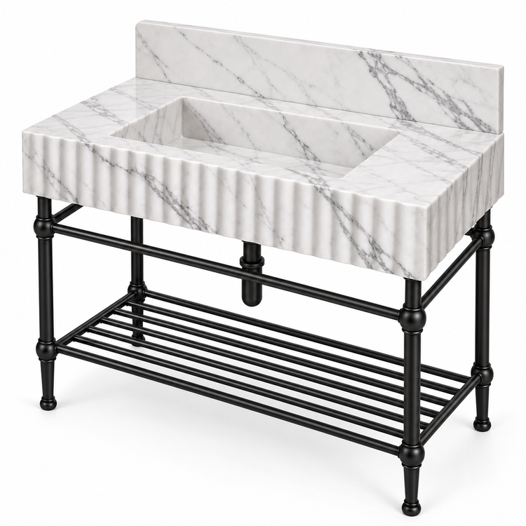 Statuario Marble Fluted Console Sink with Backsplash and Matte Black Legs, alternate angle on white, design rendering