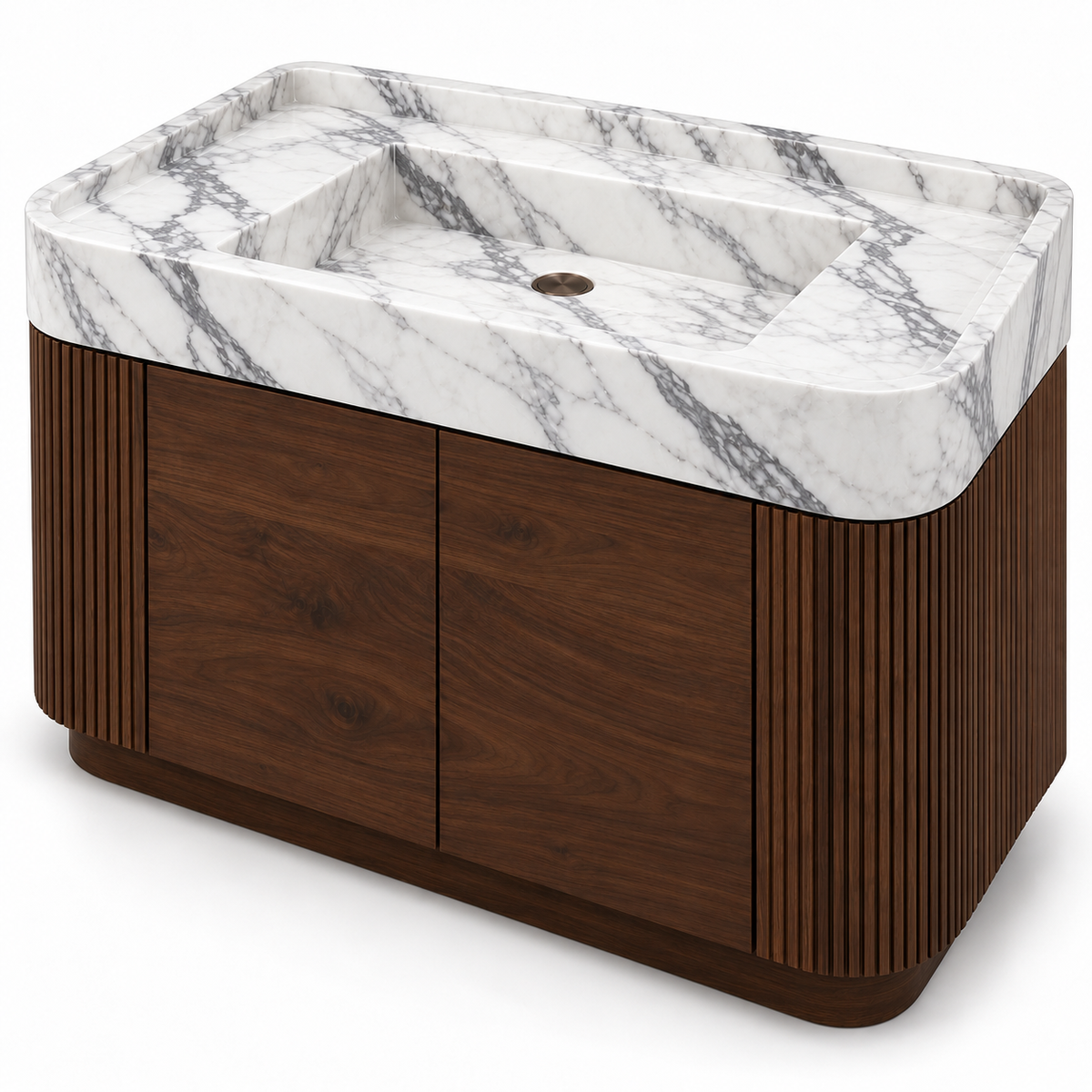 Statuario Integrated Marble Sink with Curved Dark Walnut Vanity, alternate angle on white, design rendering
