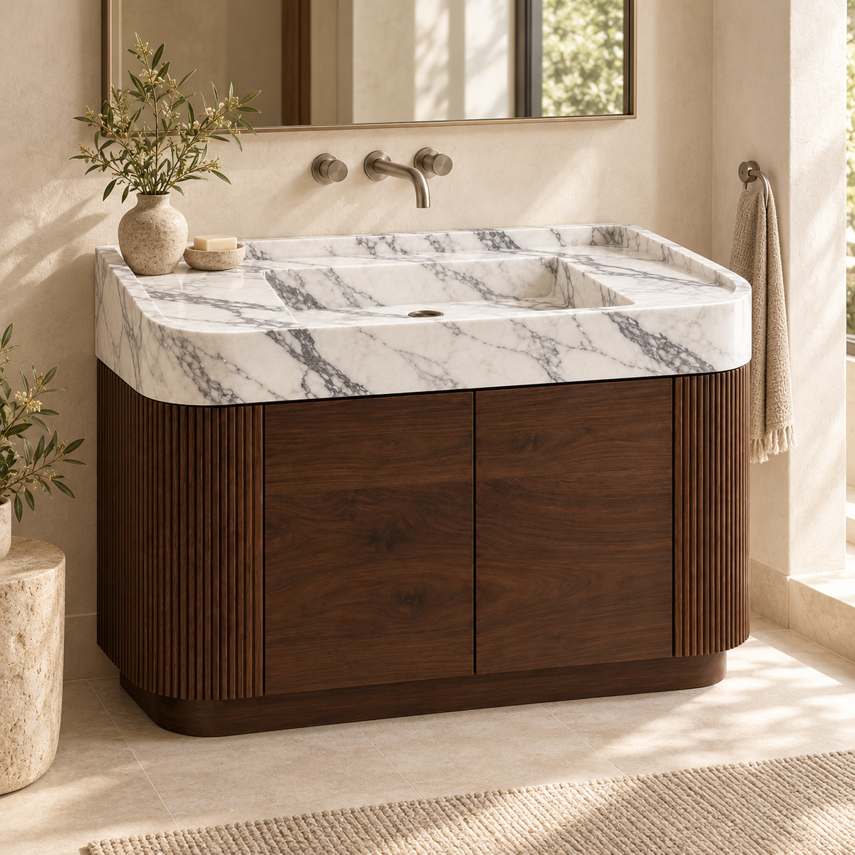 Statuario Integrated Marble Sink with Curved Dark Walnut Vanity, styled bathroom view, design rendering