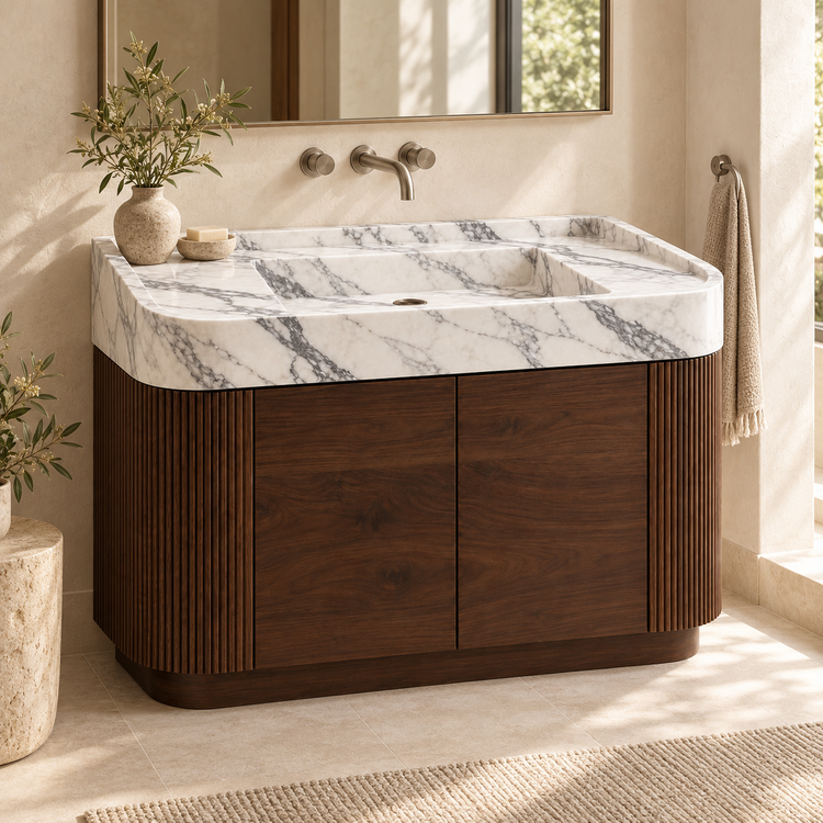 Statuario Integrated Marble Sink with Curved Dark Walnut Vanity, styled bathroom view, design rendering